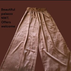🎁NWT Micas Gold/Bronze Satin Wide Leg Pleated Trousers (M)
